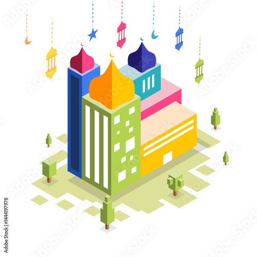 Dome Mosque with Hanging Lantern Decorations in Isometric Ramadan Kareem Scene