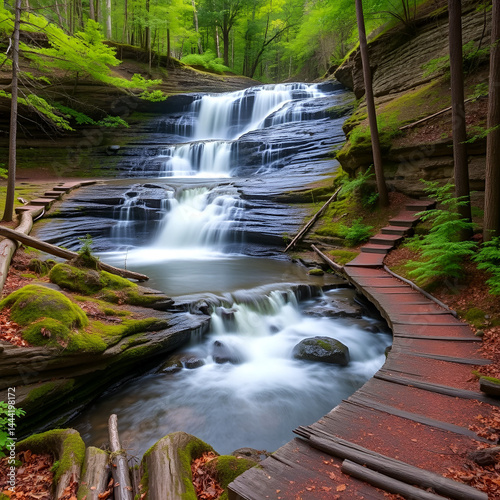 Blackwater Falls and a trail at Blackwater Falls State Park, Wes