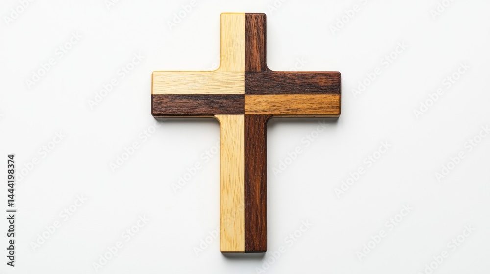 Double-layer wooden cross with contrasting light and dark wood on white background. Double-layer wooden cross with contrasting light and dark wood on white background.
