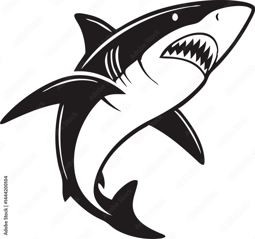 Naklejka premium Black and White Shark with Open Jaws Illustration.