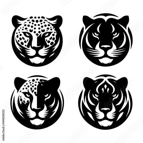 Intricate jaguar head line art with tribal influences, stylized vector template for tattoo parlors and apparel