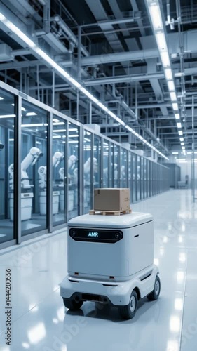 Autonomous robot smoothly transports package through modern factory cool blue light. AI Generated