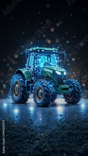 Glowing Tractor Night Scene: Vibrant blue lights illuminate powerful machine beautifully arranged against dark background. AI Generated