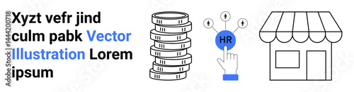 Stacked coins symbolizing wealth, HR selection process with a hand, and a storefront representing a business. Ideal for finance, HR, small businesses, e-commerce, recruitment, startups and a simple