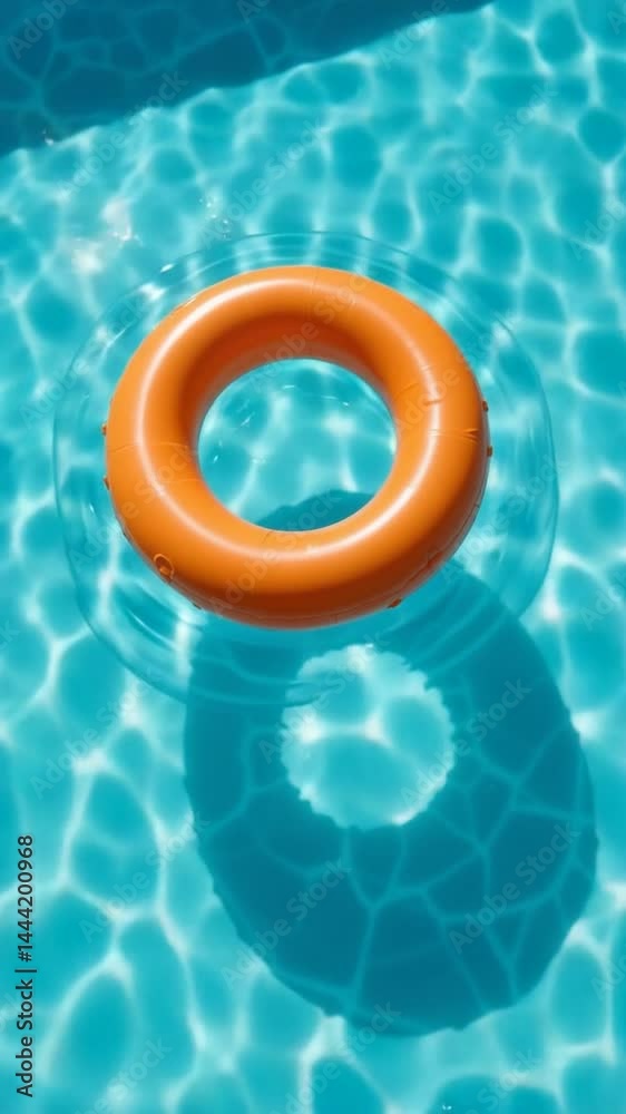 Orange inflatable ring floats gently on vibrant blue water Sunlight creates shimmering patterns Relaxing summer scene. AI Generated