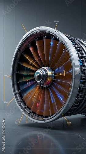 Jet Engine: Vividly colored blades powerfully rotate against a dark background showcasing intricate details. AI Generated