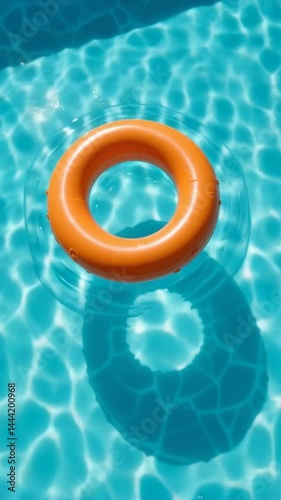 Orange inflatable ring floats gently on vibrant blue water Sunlight creates shimmering patterns Relaxing summer scene. AI Generated