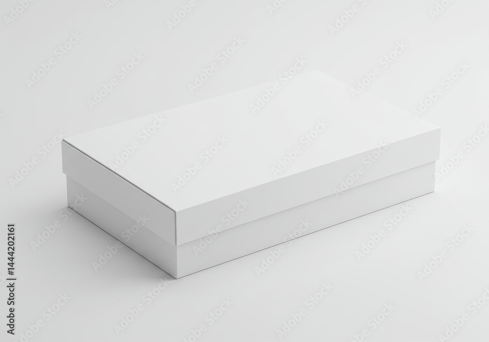 A simple white rectangular box with a lid sitting on a white surface in a studio setting view A simple white rectangular box with a lid sitting on a white surface in a studio setting view