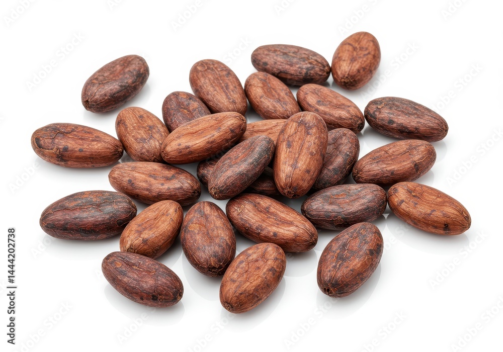 A group of cocoa beans scattered on a white surface showing their brown and textured appearance up close A group of cocoa beans scattered on a white surface showing their brown and textured appearance up close