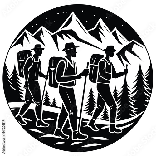 Adventure Awaits Three Hikers Trekking Through Majestic Mountains at Night