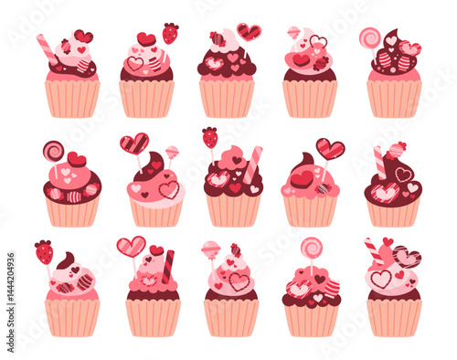Valentine cupcakes flat vector illustration set