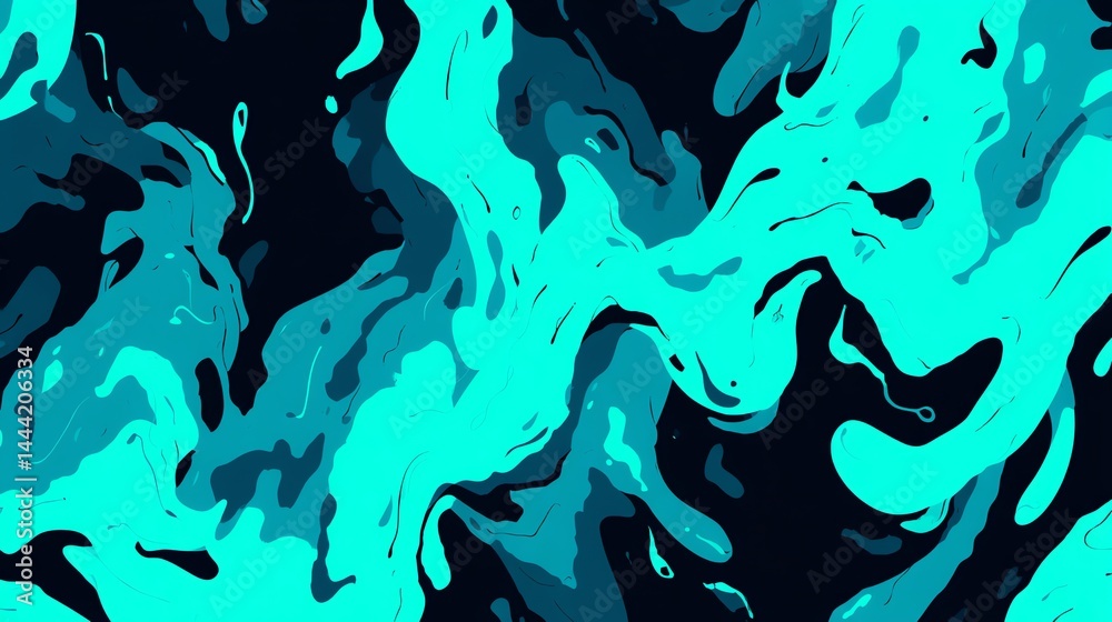 Vibrant Fluid Art Abstract Pattern with Turquoise and Navy Swirls