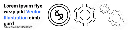 Dollar coin with four gears of varying sizes interconnected. Ideal for finance, teamwork, innovation, growth, efficiency, business processes, and economics. Abstract line flat metaphor