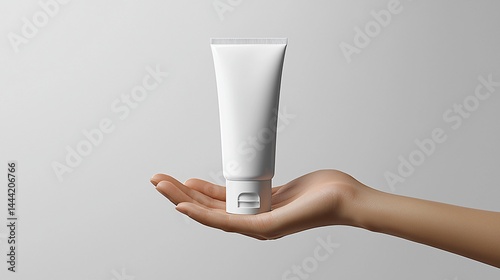 Blank white tube of cream in hand