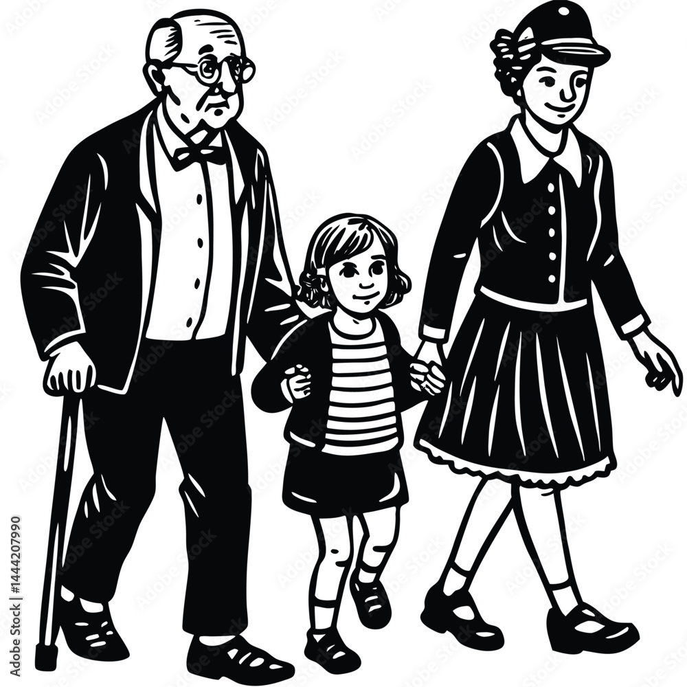 Fototapeta premium Three Generations Walking Together A Black and White Illustration