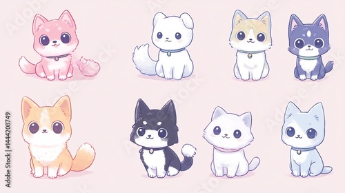 A Collection of Adorable Cartoon Puppies in Pastel Shades on a Pink Background