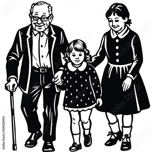 Three Generations Walking Together A Black and White Illustration of Family