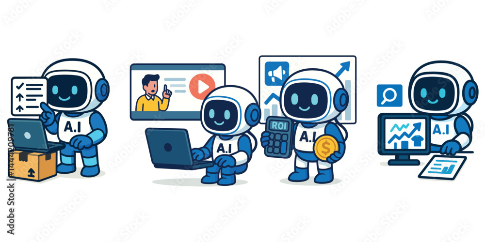 Fototapeta premium Robot Office Package Delivery and Analysis Set