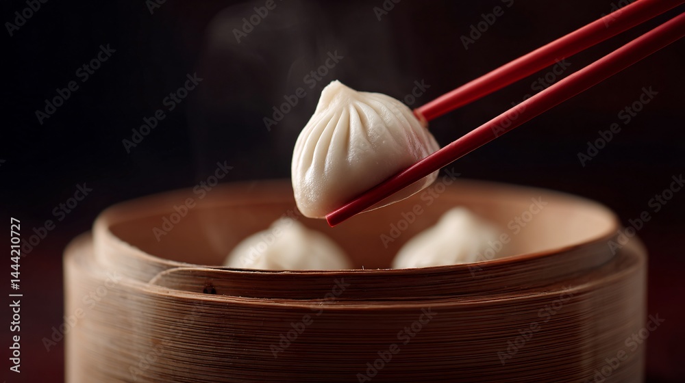 Delicious Dim Sum Closeup of Chopsticks Picking Up Har Gow Dumpling in a Steaming Bamboo Basket