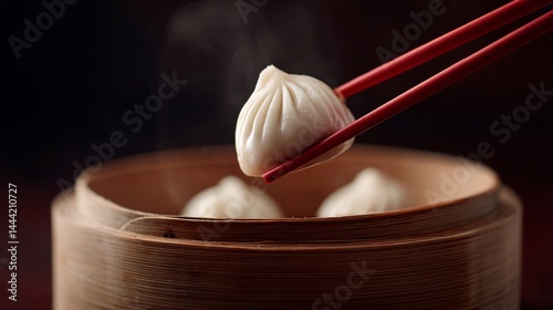 Obraz na płótnie Delicious Dim Sum Closeup of Chopsticks Picking Up Har Gow Dumpling in a Steaming Bamboo Basket w salonie