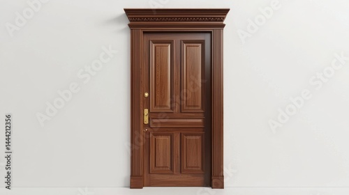 Wallpaper Mural Elegant wooden door with gold lock and classic molding, slightly ajar on white background. Torontodigital.ca