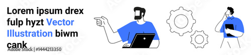 Two individuals discussing ideas with laptop and gear icons, one pointing, and another thinking. Ideal for teamwork, decision-making, brainstorming, tech, innovation, workflow flat landing page