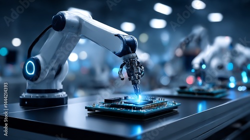 Precision automation: Robotic arms assembling microelectronics in a high-tech factory