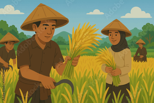 Flat vector of traditional Indonesian rice farmer working in paddy fields