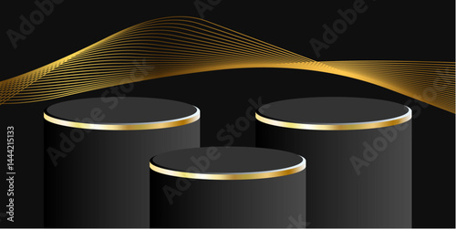 Elegant 3D luxury podium vector featuring dynamic lighting and gold accents. Ideal for premium product displays, branding, and modern promotional visuals.	