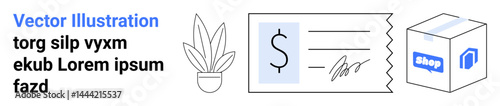 Payment receipt with dollar amount, signature, potted plant, and a delivery box. Ideal for e-commerce, payment processing, online shopping, business, logistics retail flat landing page banner