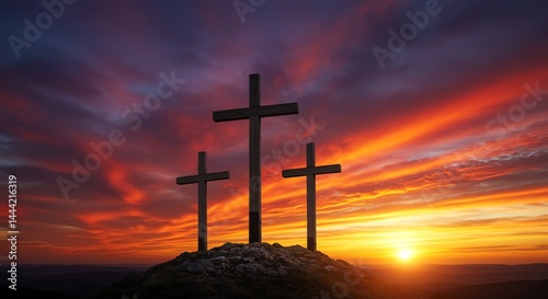 Three Crosses on a Hill at Sunset with Dramatic Sky