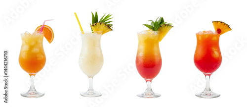 Set bundle of vibrant colorful refreshing cocktails PNG transparent background isolated. Sex on the beach, Pina Colada, Planters Punch, Bahama Mama exotic summer cocktail in Poco Grande glass See Less