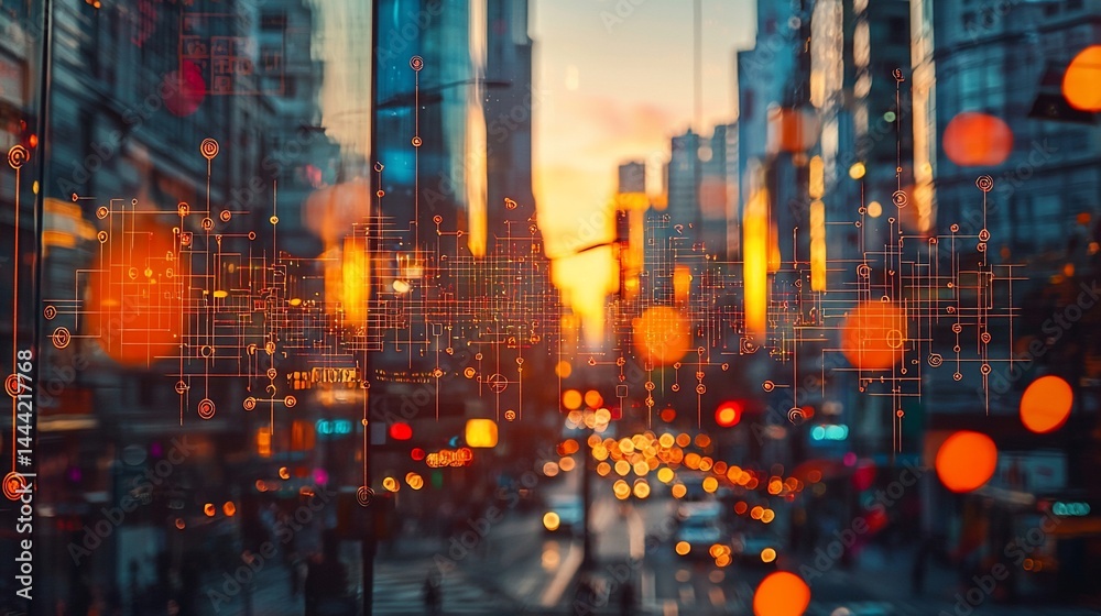 Obraz premium Blurred city street scene overlaid with digital network