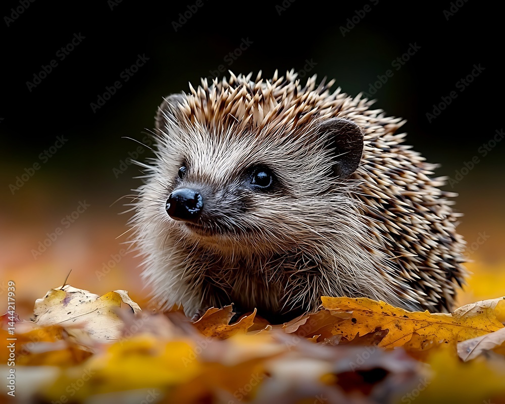 Fototapeta premium Adorable hedgehog amidst autumn leaves (1)