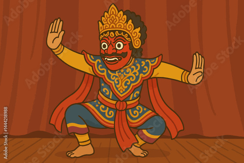 Flat vector of traditional Indonesian mask dancer performing cultural dance