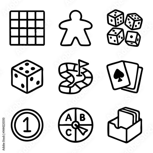 Hand-drawn style line icons of board games, cards, dice, tokens, spinner, and play elements for tabletop gaming use