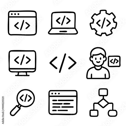 Doodle icon set featuring symbols for programming, coding, software development, and web design tools in outline style