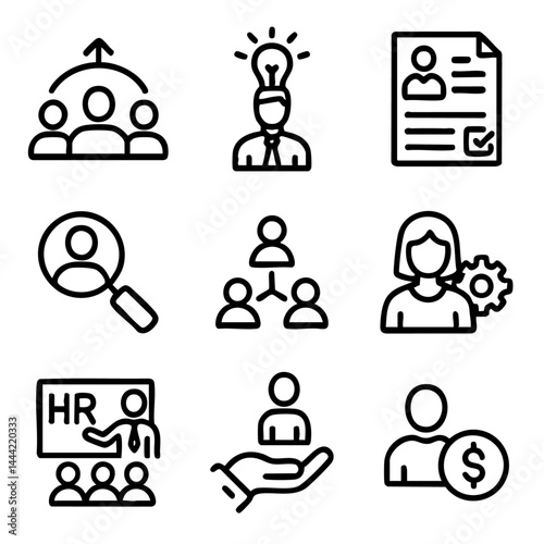 A collection of doodle line icons related to human resources, recruitment, talent management, employee development, and leadership