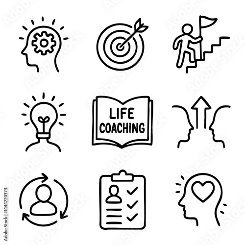 A collection of doodle line icons representing life coaching, mindset development, goal setting, motivation, and personal transformation