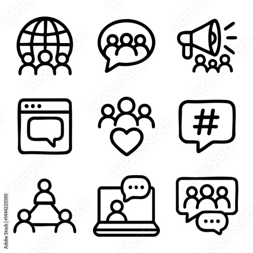 A collection of doodle line icons illustrating social media, communication, online interaction, teamwork, community, and digital connection concepts