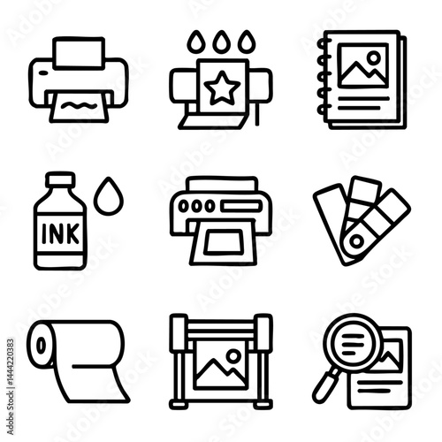 A collection of doodle line icons related to printing, ink, graphic design, publishing, and color management for creative production work