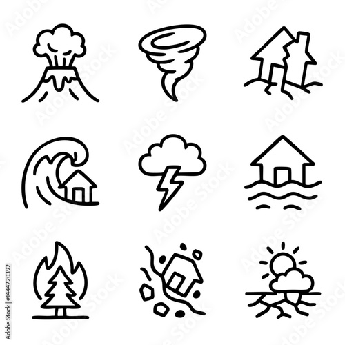 A collection of doodle line icons representing various natural disasters including earthquakes, floods, wildfires, hurricanes, and volcanic eruptions