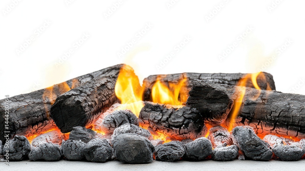 Fire logs with small flames and glowing embers on white background. Fire logs with small flames and glowing embers on white background.