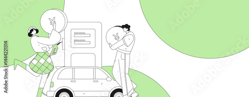 Vector Internet operation hand-drawn illustration of people getting discounts for refueling their cars
