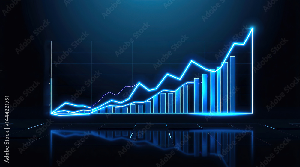 Naklejka premium Bright Blue Glowing Graph Showing Upward Trend – Data Visualization, Growth Analysis & Business Success Metrics with Dynamic Arrow Indicator