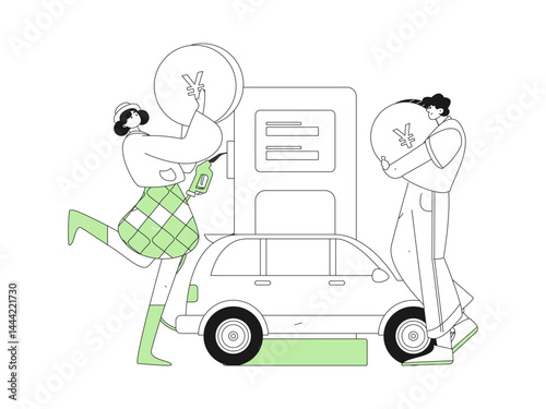 Vector Internet operation hand-drawn illustration of people getting discounts for refueling their cars
