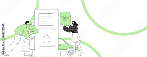 Vector Internet operation hand-drawn illustration of people getting discounts for refueling their cars
