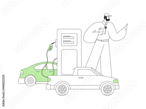 Vector Internet operation hand-drawn illustration of people getting discounts for refueling their cars
