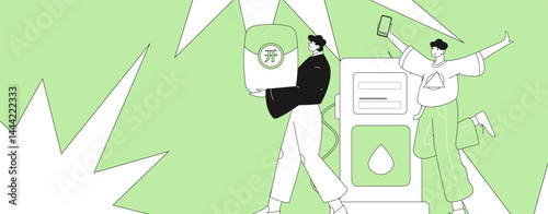 Vector Internet operation hand-drawn illustration of people getting discounts for refueling their cars
