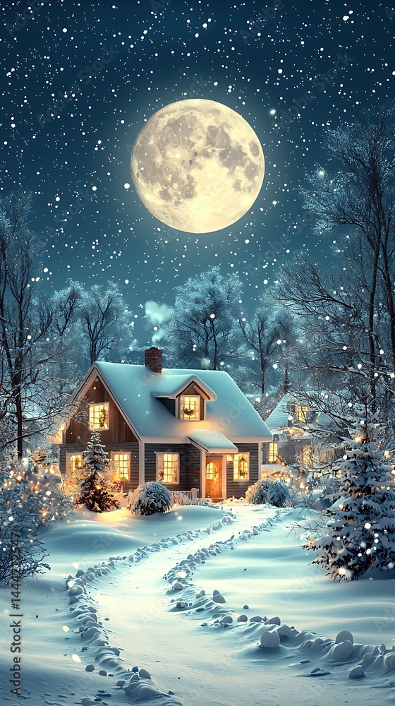 Fototapeta premium Snowy night scene, cozy cottage